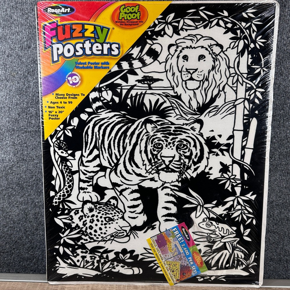VTG RoseArt 2002 Wildlife Tiger Lion Velvet Coloring Art 16x20